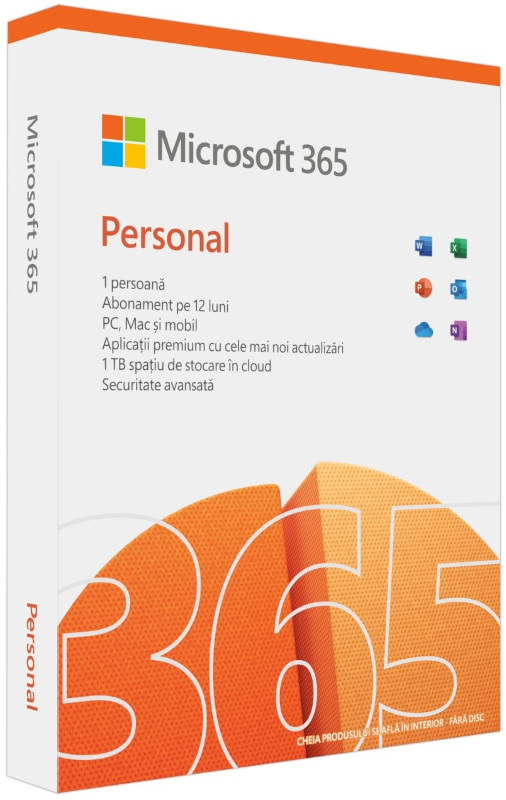 Aplicatie Microsoft 365 Personal 64-bit, Engleza, Subscriptie 1 An, 1 Utilizator, Medialess Retail