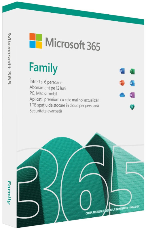 Aplicatie Microsoft 365 Family 64-bit, Romana, Subscriptie 1 An, 6 Utilizatori, Medialess Retail
