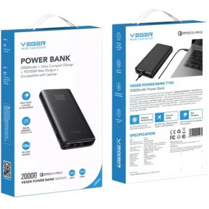 VEGER W2032C-100, 20000 mAh, 1x USB, 2x USB-C, negru, Power Delivery 100W, posibilitate incarcare laptop