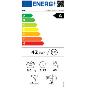 AEG verticala LTR6G363E, 6 kg, 1300 RPM, Clasa A, Inverter, ProSense, SoftPlus, Alb