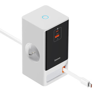 Baseus PowerCombo Powerstrip, 1x USB-C, 1x USB, 2x Schuko, Quick Charge 65 W, Cablu USB-C retractabil, White