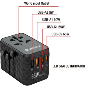 Verbatim Adaptor Universal UTA-05 Travel, 65W GaN3, 2x USB-C PD & QC4.0 + 2x USB