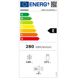 Heinner HSBS-H421MNFXE++, 421 L, Total No Frost, Display, Control electronic, Super congelare, Iluminare LED, Clasa E, 180 cm, Inox