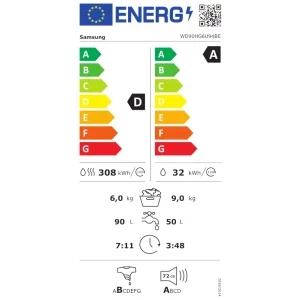 Samsung WD90HG6U94BEU4, Spalare 9 kg, Uscare 6 kg, 1400 RPM, Clasa A, Digital Inverter, Flex Auto Dispense, AI EcoBubble, AI Energy, Hygiene Steam, SmartThings, Alb
