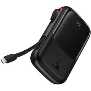 Baterie externa Baseus Qpow Pro Digital Display, 10000 mAh, 1x USB, 1x Lightning, 22.5 W, Display, Cablu USB-C integrat, Black