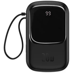 Baterie externa Baseus Qpow Pro Digital Display, 20000 mAh, 1x USB, 1x USB-C, 20 W, Display, Cablu Lightning integrat, Black