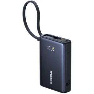 Baterie externa Baseus PicoGo, 10000 mAh, 1x USB, 1x USB-C, 45 W, Display, Cablu USB-C integrat, Black