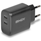 Incarcator retea LINDY 2x USB-C, Quick Charge 65 W, GaN, Black