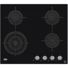 Plita incorporabila Beko HILW64322S, Gaz, 4 arzatoare, FlameAdjust, Arzator wok, Gratare fonta, 60 cm, Sticla neagra