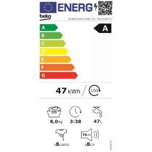 Beko B3WFU48415MB2ES, 8 kg, 1400 RPM, Clasa A, ProSmart Inverter, EnergySpin, SteamCure, SteamTherapy, Iron Fast, AddXtra, Antracit