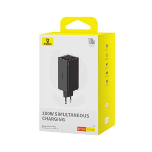 Baseus GaN6 Pro, 2x USB-C, 2x USB, Quick Charge 100W, Black + cablu USB-C