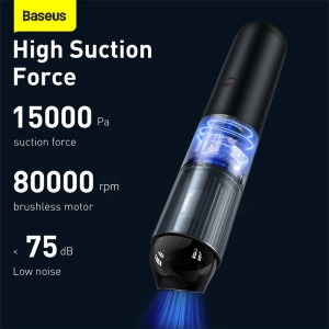 Baseus de mana A3, putere aspirare 15000 pa, filtru HEPA, acumulator 4x2000mAh, Black + cablu Type-C la USB, 135W, 0.07L, Negru
