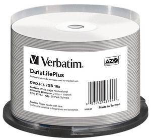 Mediu stocare Verbatim DVD-R 4.7GB 16x cake box 50 buc DataLifePlus Wide Inkjet Professional